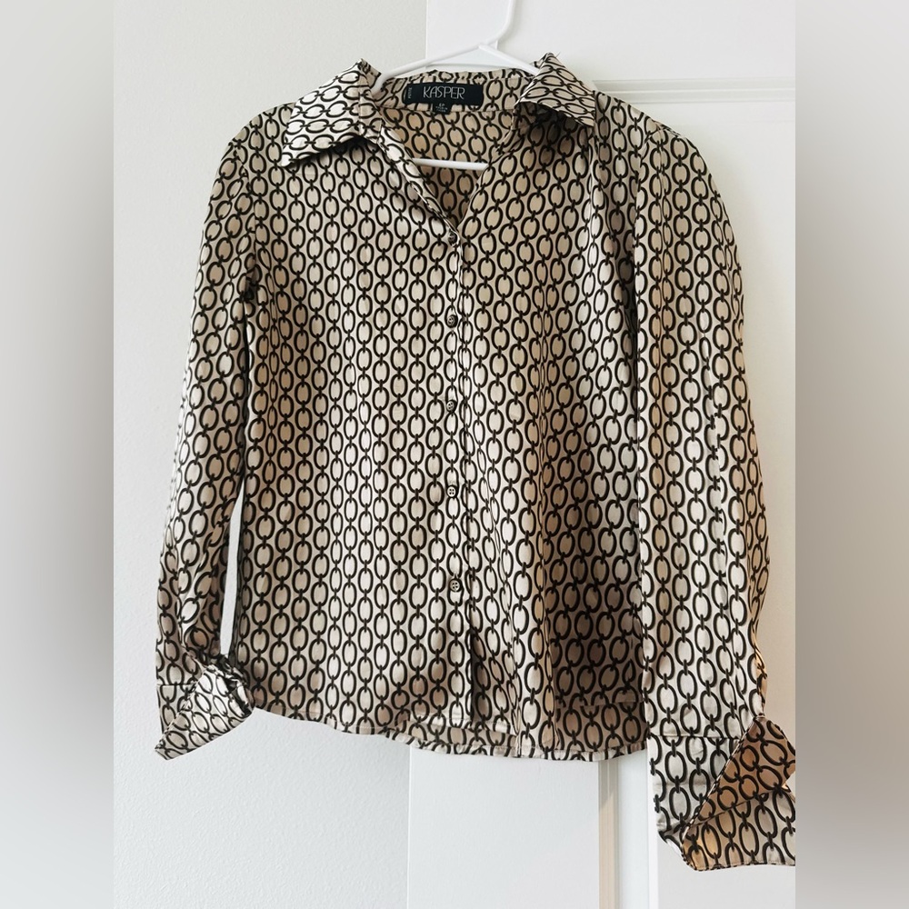 Kasper Black and Cream Geometric Button-Down Blouse